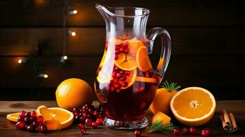 Noël Sangria dans une verre cruche, avec Orange tranches et baies. ai généré. photo