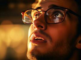 ai généré une Jeune homme regards en haut par le sien lunettes. ai généré. photo