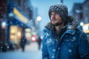 une triste homme des stands sur une rue dans hiver sur une bleu lundi. ai généré. photo