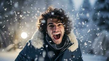 ai généré proche en haut portrait de une modèle Heureusement en hurlant dans chute premier neige photo