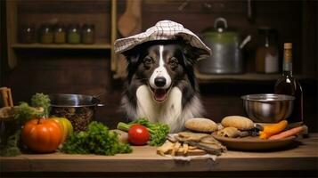 une noir et blanc chien portant une du chef chapeau entouré par des légumes ai généré photo