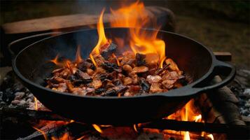 une grand pot de nourriture cuisine plus de une Feu ai généré photo