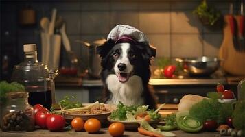 une noir et blanc chien portant une du chef chapeau entouré par des légumes ai généré photo