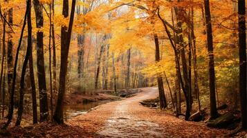 une La peinture de une chemin dans le les bois ai généré photo