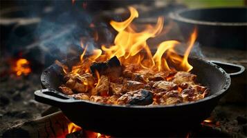 une grand pot de nourriture cuisine plus de une Feu ai généré photo