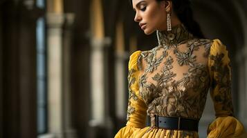 ai généré portrait de une magnifique femme dans une élégant branché mode moulante robe. photo