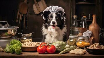 une noir et blanc chien portant une du chef chapeau entouré par des légumes ai généré photo