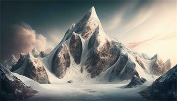 une neigeux Montagne paysage avec une rivière et rochers ai génératif photo