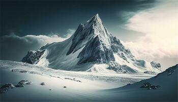 une neigeux Montagne paysage avec une rivière et rochers ai génératif photo