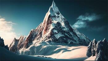 une neigeux Montagne paysage avec une rivière et rochers ai génératif photo