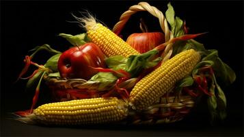 une panier rempli avec blé et tomates ai généré photo