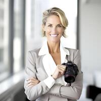 portrait de une réussie femme d'affaires permanent dans une moderne bureau. ai généré photo