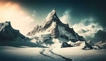 une neigeux Montagne paysage avec une rivière et rochers ai génératif photo