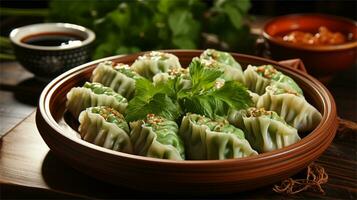 une bol de Dumplings avec vert sauce et herbes ai généré photo