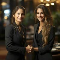 portrait de une réussie femme d'affaires permanent dans une moderne bureau. ai généré photo