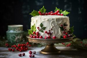 de fête Noël gâteau orné avec comestible houx feuilles et baies. génératif ai photo