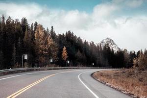 voyage en voiture sur la route avec des montagnes rocheuses et une forêt de pins en automne au parc national banff photo