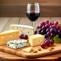 ai généré assorti fromage, raisins, des noisettes. fromage plat. du vin dans lunettes. le image a été établi en utilisant génératif ai. photo