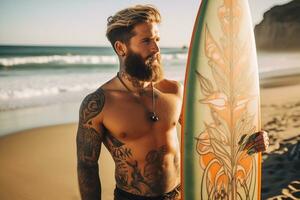 ai généré magnifique Masculin surfeur avec planche de surf sur le sablonneux plage. l'eau des sports. en bonne santé actif mode de vie. surfant. extrême sport. photo