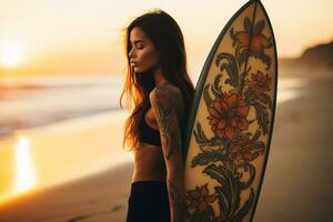 ai généré magnifique surfeur fille avec planche de surf sur le sablonneux plage. femelle surfeur, l'eau des sports. en bonne santé actif mode de vie. surfant. extrême sport. photo