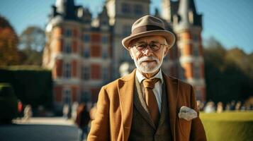 ai généré bien habillé homme permanent dans de face de ancien Château photo