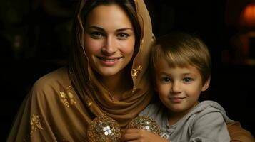 ai généré magnifique musulman femme avec sa fils dans traditionnel robe photo