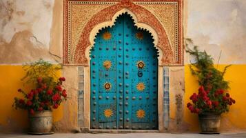 ai généré magnifique vieux et ancien marocain maison porte photo
