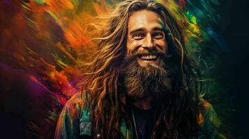 ai généré hippie la personne avec longue Cheveux content et sourire photo