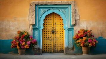 ai généré magnifique vieux et ancien marocain maison porte photo