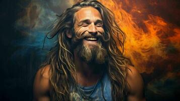 ai généré hippie la personne avec longue Cheveux content et sourire photo