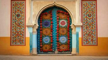 ai généré magnifique vieux et ancien marocain maison porte photo
