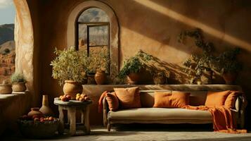 magnifique vieux pièce dans méditerranéen style avec texturé des murs et chaud Couleur tons ai génératif photo