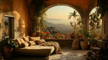 magnifique vieux pièce dans méditerranéen style avec texturé des murs et chaud Couleur tons ai génératif photo