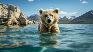 ai généré une ours nager dans le l'eau avec montagnes dans le Contexte photo