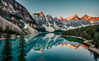 ai généré serein symétrie, majestueux pics en miroir dans tranquille des eaux photo