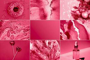 une collage montrant le à la mode Couleur de 2023 - viva magenta. tendance Couleur 2023. photo