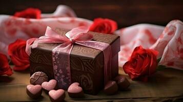 ai généré valentines journée Contexte fond d'écran, Chocolat aimer, cœurs, romantique des roses, génératif ai photo