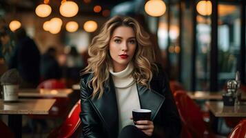 une magnifique fille est séance avec café dans une restaurant ai généré photo