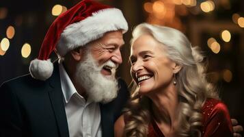 ai généré Noël joie dans plus tard ans - personnes âgées couple célébrer avec Père Noël chapeau - génératif ai photo