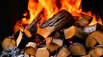 confortable cheminée avec une empiler de bois de chauffage - génératif ai photo