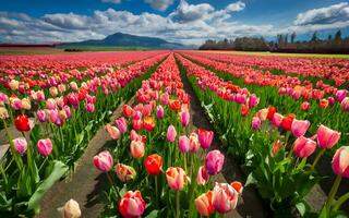 ai généré fleurit au-delà horizon, une symphonie de vibrant tulipe des champs photo