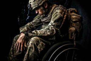 ai généré une soldats courage - homme dans militaire uniforme dans fauteuil roulant - génératif ai photo