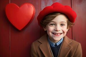 ai généré content peu garçon avec rouge cœurs sur la Saint-Valentin journée. photo