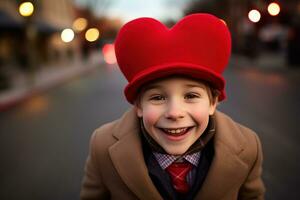 ai généré content peu garçon avec rouge cœurs sur la Saint-Valentin journée. photo