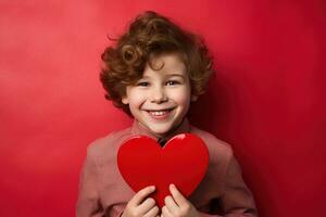 ai généré content peu garçon avec rouge cœurs sur la Saint-Valentin journée. photo