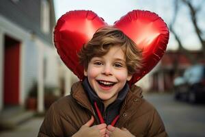 ai généré content peu garçon avec rouge cœurs sur la Saint-Valentin journée. photo