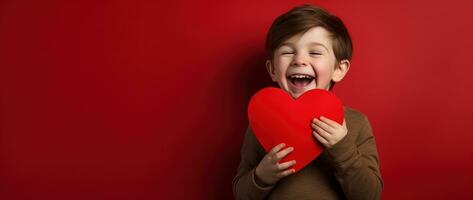 ai généré content peu garçon avec rouge cœurs sur la Saint-Valentin journée. photo