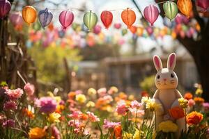 ai généré Pâques la nature avec blanc lapin dans fleurs et guirlande. génératif ai photo