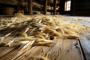 ai généré grain entrepôt. des tas de grain sur une en bois sol. récolte concept photo