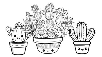 ai généré mignonne cactus coloration page dessin illustration. coloration activité pour enfants. Facile mignonne enfant dessin. photo